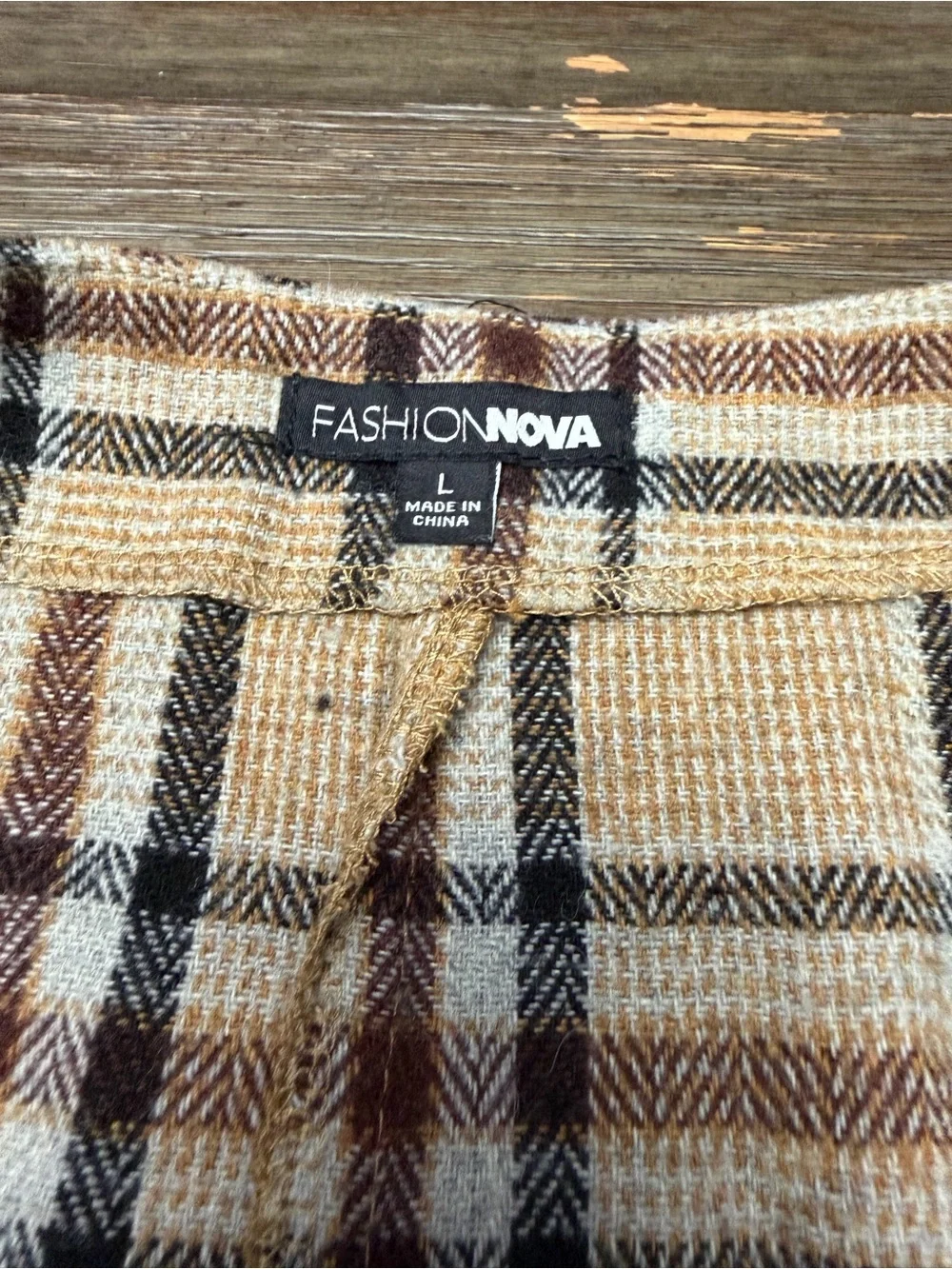 Fashion Nova Beige Plaid Zip-Front Pencil Skirt L